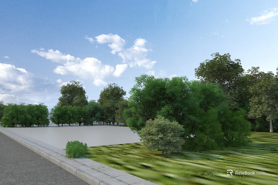 Municipal Road Scenic Landscape With Lush Green Trees Grassland And Blue Sky Clouds 3d model 