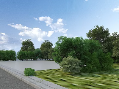 Municipal Road Scenic Landscape With Lush Green Trees Grassland And Blue Sky Clouds 3d model
