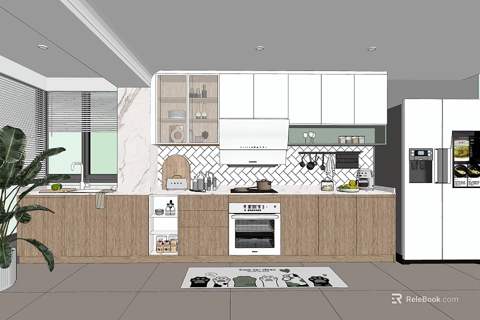 Modern Kitchen Interior With Wooden Cabinets Stove Range Hood And Refrigerator 3d model 