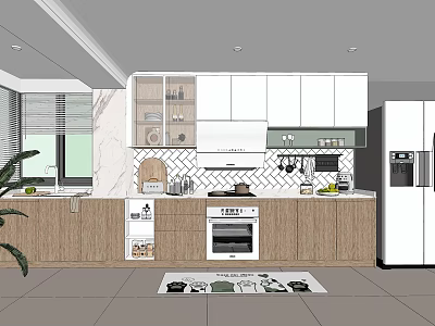 Modern Kitchen Interior With Wooden Cabinets Stove Range Hood And Refrigerator 3d model