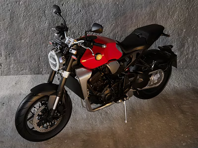 Modern Red and Black Motorcycle with Sleek Design Sporty Features in Gray Indoor Wall Setting 3d model