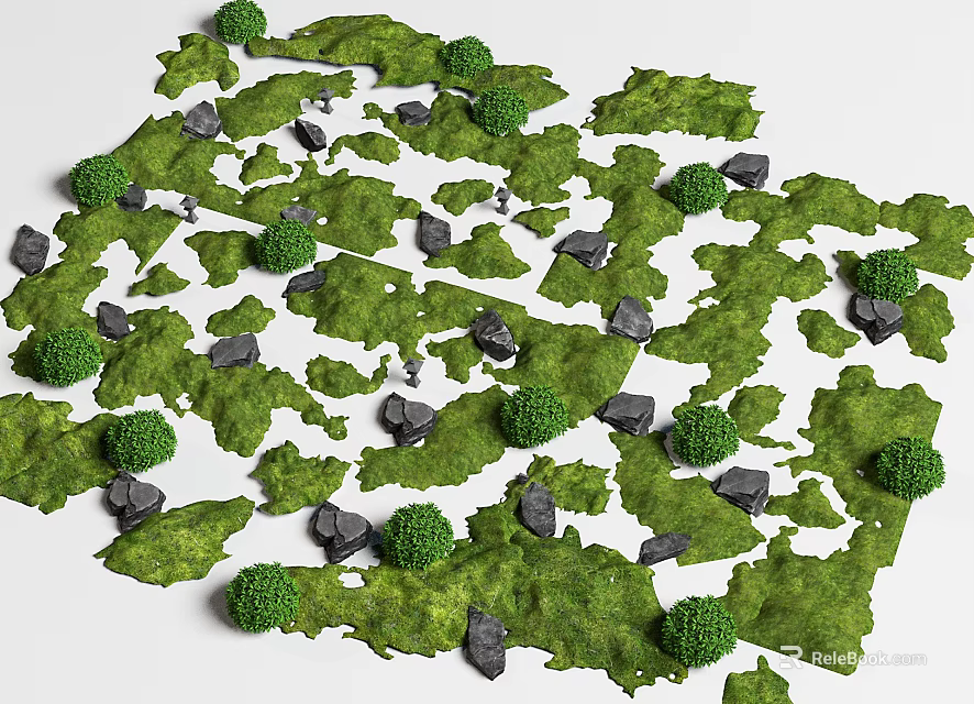 Planned Garden Landscape Design With Green Grass Bushes And Gray Stones 3d model 