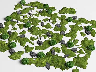 Planned Garden Landscape Design With Green Grass Bushes And Gray Stones 3d model