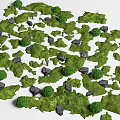 Planned Garden Landscape Design With Green Grass Bushes And Gray Stones