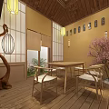 Modern Minimalist Interior Space With Curved Wooden Furniture Round Ceiling Light And Green Plants