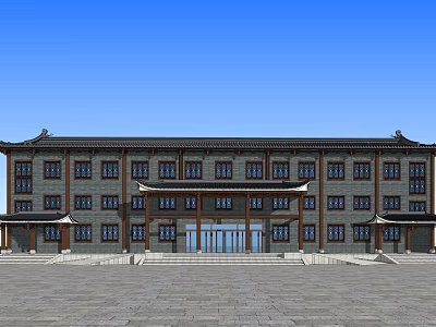 Traditional Chinese Style Hotel Building With Grey Brick Facade And Classic Roof Design 3d model