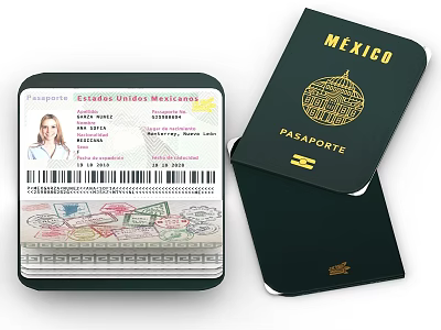 Mexican Passport Showing Open Visa Pages Stamps And Personal Information 3d model