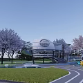 Kids Play Area With Cherry Blossom Trees Green Lawn And Modern Building Design