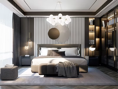 Modern Luxurious Bedroom Interior With Striped Wall Circular Mirror White Chandelier And Ottoman 3d model