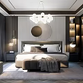 Modern Luxurious Bedroom Interior With Striped Wall Circular Mirror White Chandelier And Ottoman