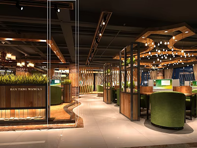 Modern Internet Cafe Interior Design With Green Armchairs Wooden Desks And Hanging Lights 3d model