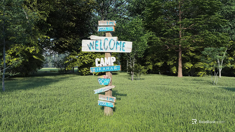 Scenic Campground With Welcome Sign River Fire Pit Toilet And Green Trees 3d model 