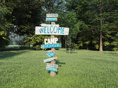 Scenic Campground With Welcome Sign River Fire Pit Toilet And Green Trees 3d model