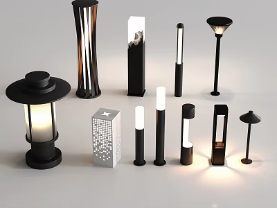 Modern Outdoor Lights With Various Black White Designs Cylindrical And Dome Shaped Styles 3d model