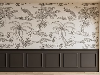 Black and white artistic tropical plants birds ferns feature wall with dark paneled lower section 3d model
