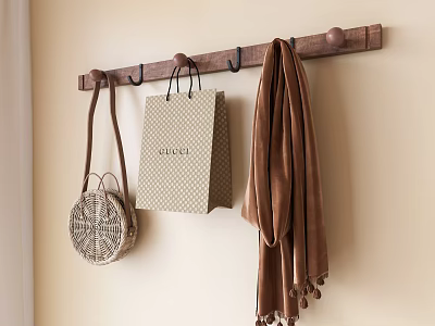 Wooden Wall Hook with Woven Bag Gucci Shopping Bag and Brown Scarf on Beige Wall 3d model