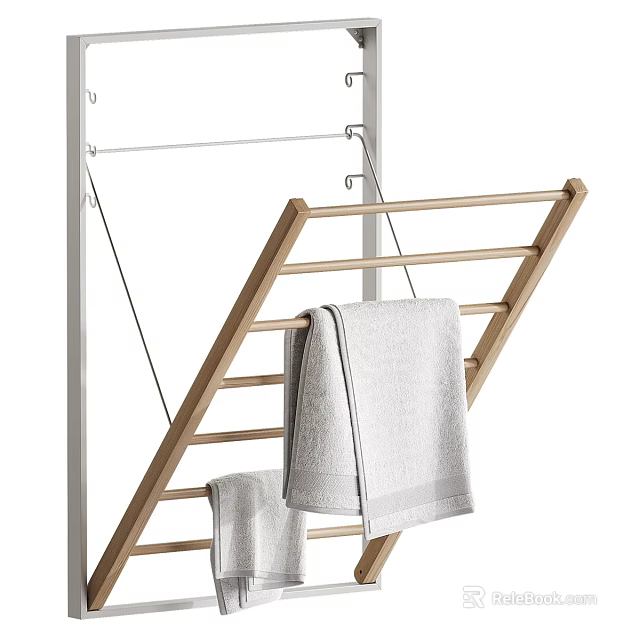 Wooden Clothes Drying Rack With Gray Towels For Household Laundry Daily Use 3d model 