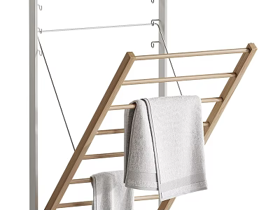 Wooden Clothes Drying Rack With Gray Towels For Household Laundry Daily Use 3d model