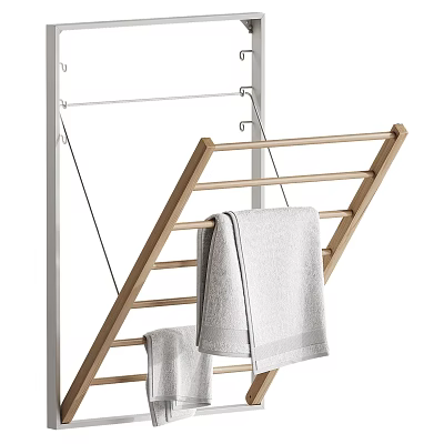 Wooden Clothes Drying Rack With Gray Towels For Household Laundry Daily Use 3d model