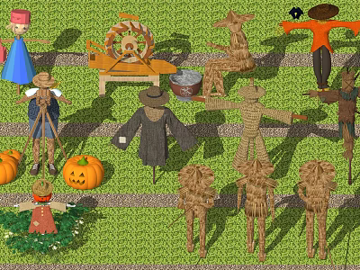 Agricultural Equipment Including Scarecrows Wooden Tools And Pumpkins In Farm Field 3d model