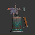 Vintage Metal Blowtorch Weapon with Copper Green Patina and Wooden Handle Cylindrical Design