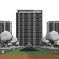 Modern High Rise Residential Complex With Glass Curtain Wall And Surrounding Trees And Lawn