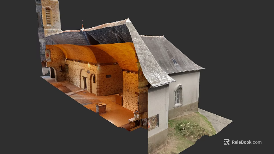 Traditional European Architecture With Stone Walls Arched Doors And Sloped Roof Design 3d model 