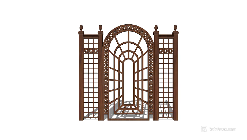 Ornate Wooden Fence With Arched Top Design Lattice Panels And Decorative Posts 3d model 