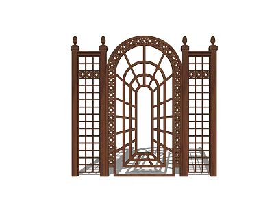 Ornate Wooden Fence With Arched Top Design Lattice Panels And Decorative Posts 3d model