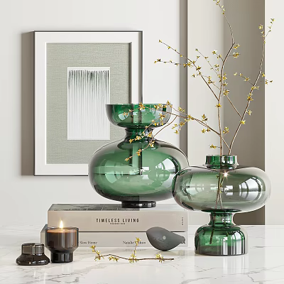Decorative Ornament Set With Green Glass Vases Yellow Flowering Branches Books Candle And Gray Ornament 3d model