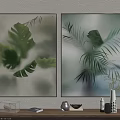 Decorative Framed Botanical Paintings With Green Monstera Palm Leaves Blurred Background