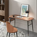 Wooden Desk With Brown Chair Black Mug Open Book Table Lamp And Wall Art Painting