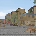 Vibrant Commercial Street Under Blue Sky With Pedestrians And Seating