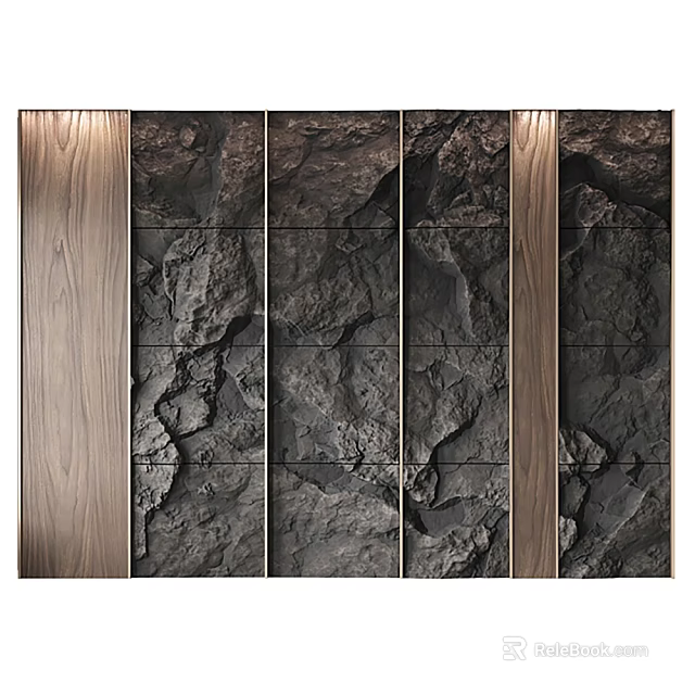 Rustic Paneled Background Wall With Natural Rock Texture And Wooden Borders 3d model 