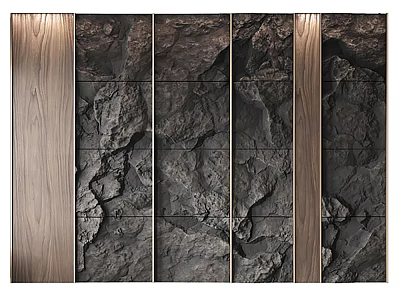 Rustic Paneled Background Wall With Natural Rock Texture And Wooden Borders 3d model
