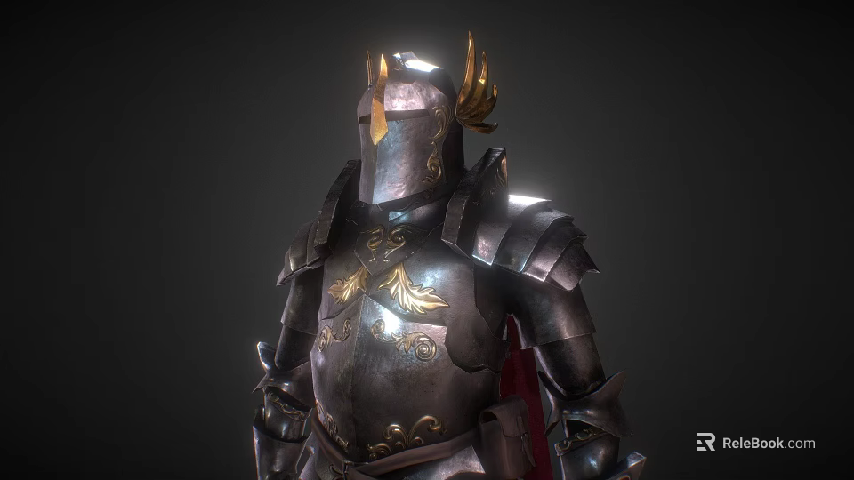 Ornate Medieval Metal Armor With Golden Decorations Helmet And Crimson Cloak 3d model 