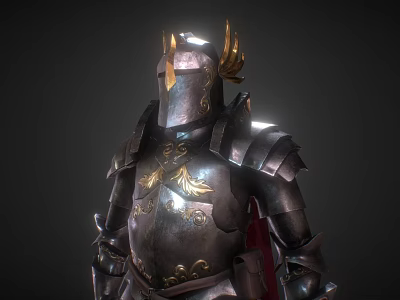 Ornate Medieval Metal Armor With Golden Decorations Helmet And Crimson Cloak 3d model