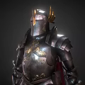 Ornate Medieval Metal Armor With Golden Decorations Helmet And Crimson Cloak