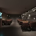 Stylish Bar Interior with Large Screen Live Performance Bottles on Sleek Marble Counter and Brick Wall