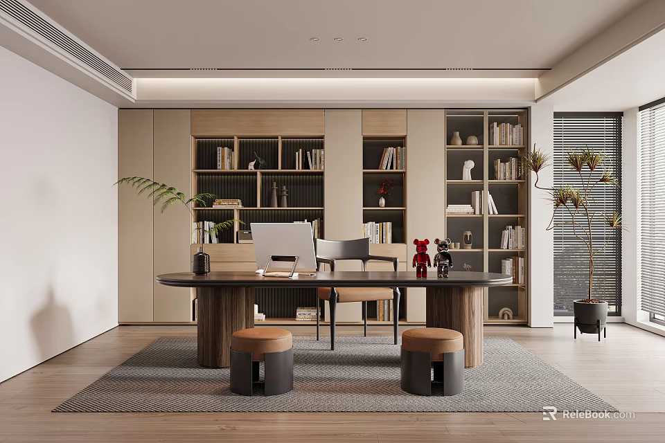Modern Study Room Interior Design With Bookshelves Computer Desk Stools And Plants 3d model 