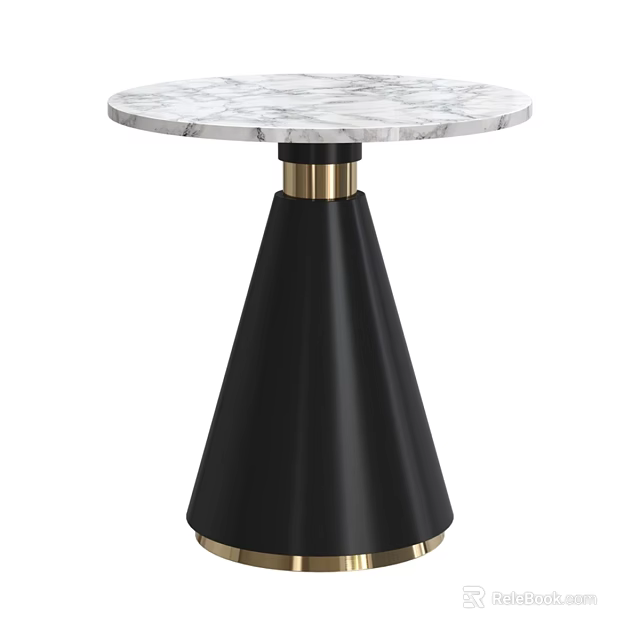 Modern Dining Table With White Marble Top And Black Conical Base Gold Accents 3d model 