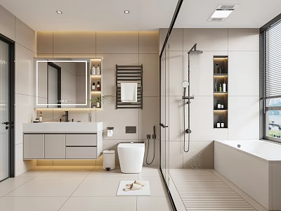 Modern Bathroom Interior Design With Vanity Mirror Toilet Shower Area And Bathtub Cabinets 3d model