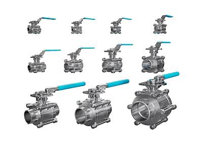 Various Stainless Steel Ball Valves With Blue Handles And Different Designs 3d model