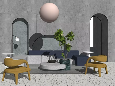 Blue Sofa Round White Coffee Table Set with Yellow Chairs Green Plant Archway Background 3d model