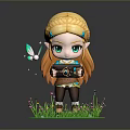 Cute Blonde Braided Character Holding Device with White Butterfly on Green Grass with Small Flowers