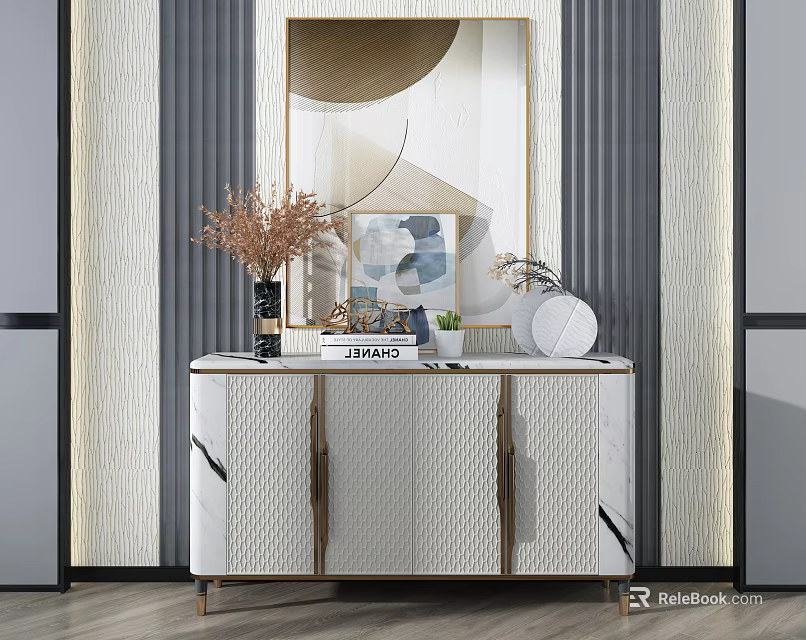 Modern Console Table And Side Cabinet With Wall Mirror Decorative Vase And Dried Plant 3d model 