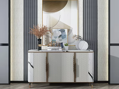 Modern Console Table And Side Cabinet With Wall Mirror Decorative Vase And Dried Plant 3d model