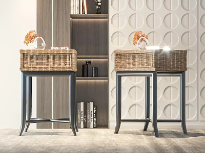 Bedside Tables With Wicker Drawers Black Legs Decorative Items By Bookshelf On Circular Pattern Wall 3d model