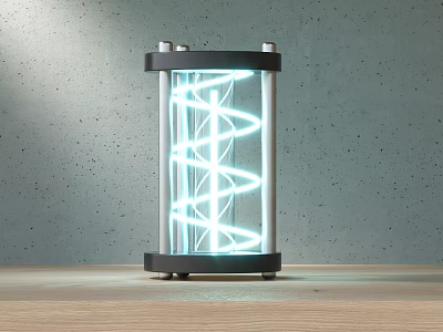 Modern Spiral Light Candle Lamp with Transparent Case on Wooden Tabletop and Gray Background 3d model