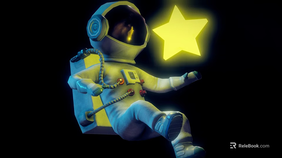 Astronaut In Spacesuit Floating Near Bright Yellow Star On Black Background 3d model 